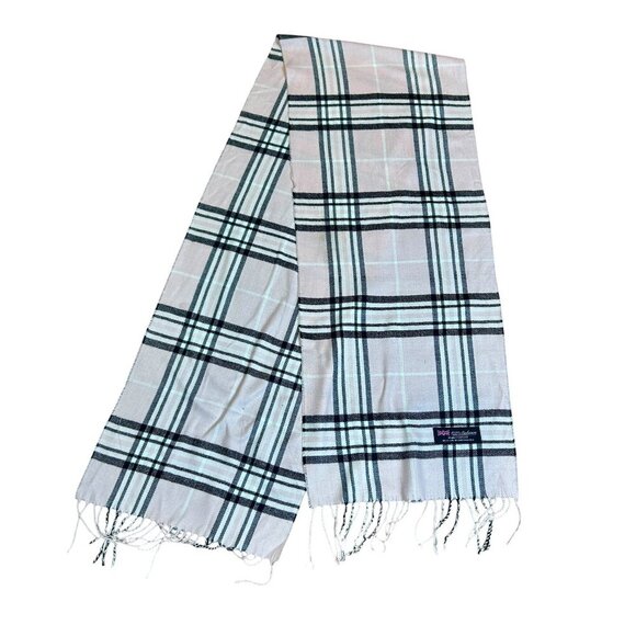 Vintage Scottish 100% Cashmere Pink Black Plaid Scarf with Fringe - Picture 1 of 8